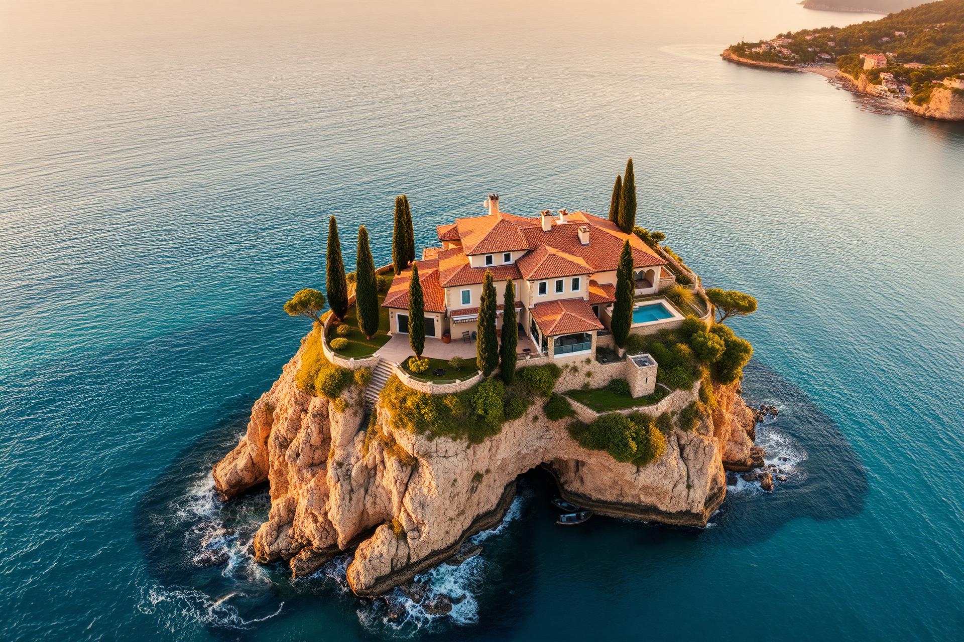 Mediterranean cliffside villa at golden hour